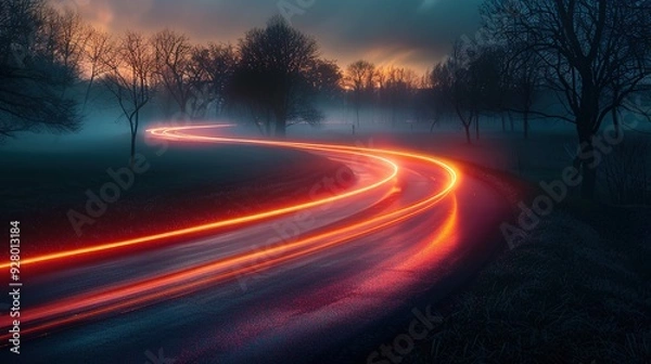 Fototapeta A winding road through a foggy forest at dusk, illuminated by the bright red lights of passing cars.