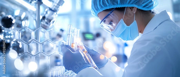 Fototapeta Scientist in a modern laboratory conducting research with test tubes and advanced equipment, highlighting innovation in medical science.