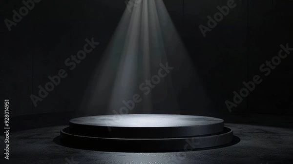 Fototapeta A dramatic spotlight shines on a circular podium in a dark setting, perfect for showcasing talent or products.
