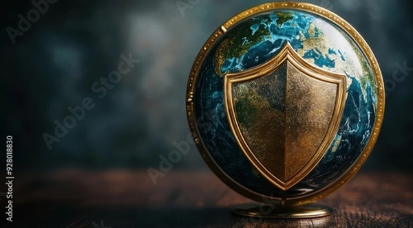 Fototapeta A globe with the Earth's land masses in green and blue, on top of which is an elegant golden shield, representing global security. 