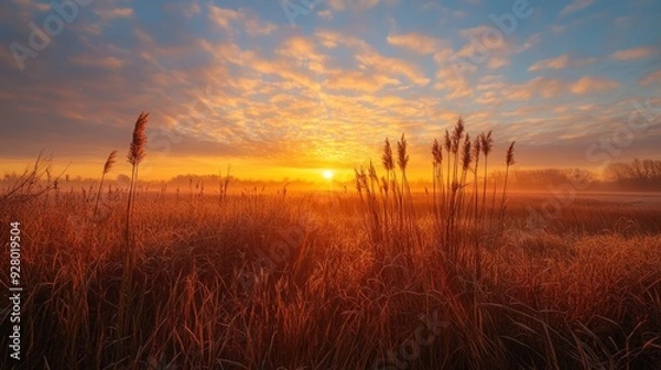 Obraz Sunrise over the grass field.