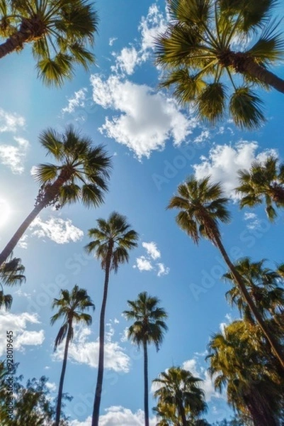 Fototapeta Tropical low-angle shot of palm trees against a clear blue sky, capturing the serene and relaxing vibes of a sunny day in paradise.
