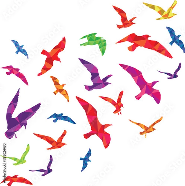 Fototapeta Flying bird flock silhouettes with color polygonal pattern