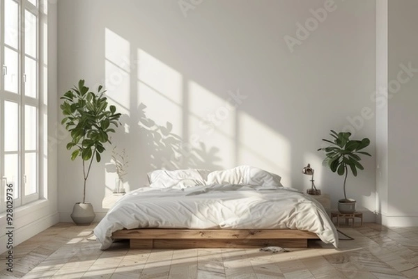 Fototapeta Bedroom Interior with Bed, Vibrant Potted Plant, and Wooden Flooring. White Walls for Minimalist Modern Design
