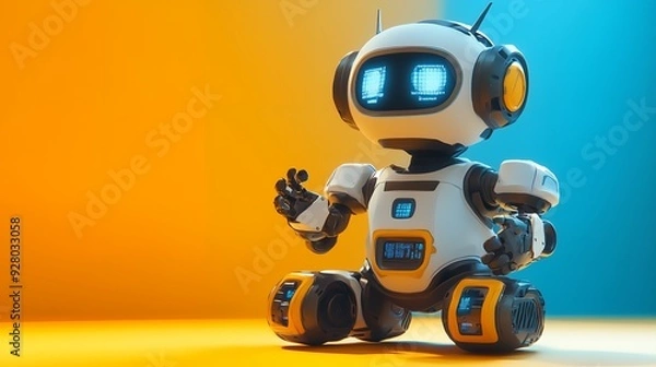 Obraz A white and yellow robot with black accents sits on a yellow and blue background.