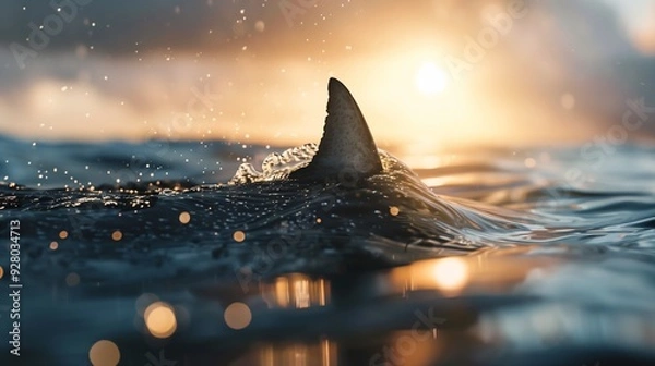 Fototapeta shark fin sticking out deep sunset toy ferocious appearance rees macro closeup imagery fear anxiety terror menacingly tall backlit waves jaws alert