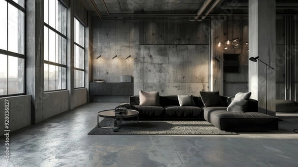 Fototapeta Industrial Loft Living Room with Modern Furniture and Concrete Walls.