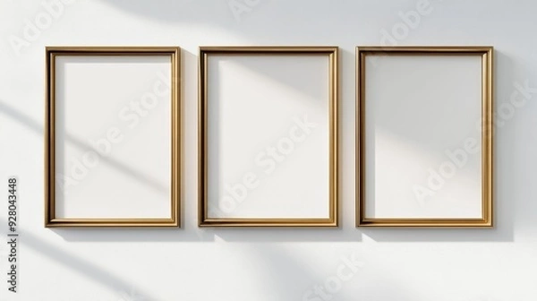 Fototapeta Three gold picture frames on white background