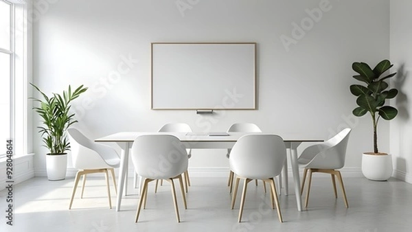 Fototapeta Modern dining room with white table and chairs with minimal black mockup for wall art or frame contemporary interior design