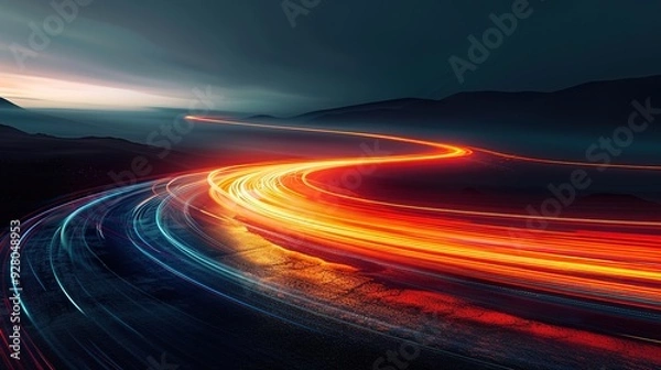 Obraz Long exposure shot of a winding road with colorful light trails.