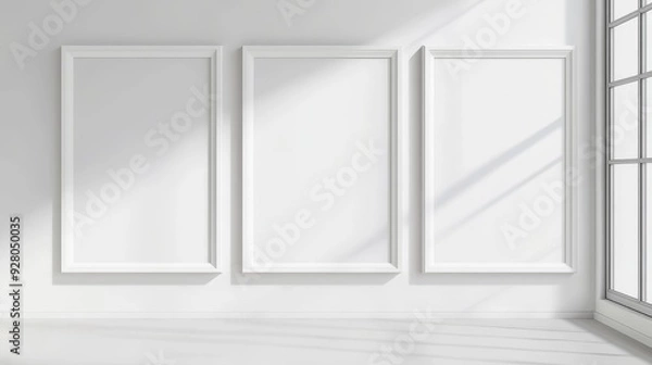 Fototapeta Three white picture frames on white background