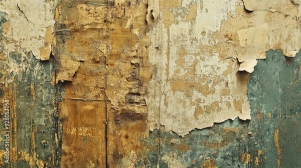 Fototapeta Abstract shot of a weathered, peeling wallpaper with faded patterns and textures.