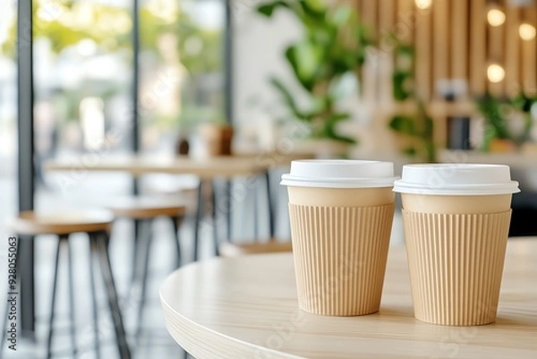 Obraz Two disposable coffee cups on a wooden table in a modern cafe, surrounded by green plants and a cozy atmosphere.
