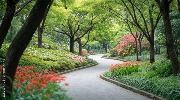 Fototapeta Empty, curved walkway through a peaceful arboretum, surrounded by trees and flowers.