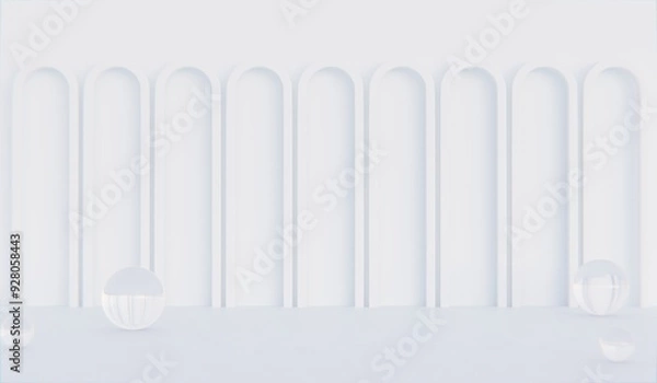 Fototapeta Geometric plinth with simple background and columns. Abstract studio room. Simple scene for cosmetic products, promotion, display, 3D rendering.