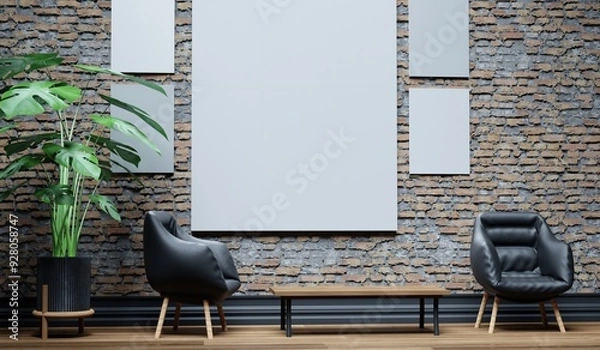 Fototapeta Studio room, photo exhibition, wooden floor, old brick wall, simple scene, floor and wall, 3D rendering