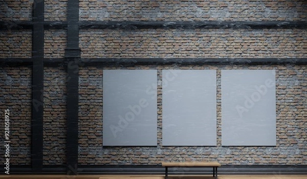 Fototapeta Studio room, photo exhibition, wooden floor, old brick wall, simple scene, floor and wall, 3D rendering