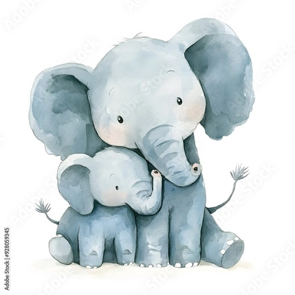 Fototapeta A mother elephant cuddling her baby in a sweet watercolor painting on a white background.