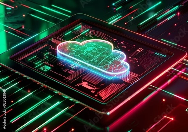Fototapeta Futuristic Cloud Computing Concept with Neon Lights and Digital Interface on Tablet