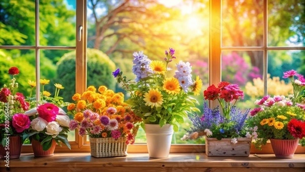 Fototapeta Bright and colorful summer window display with flowers, sunshine, and vibrant decorations, summer, beautiful, window