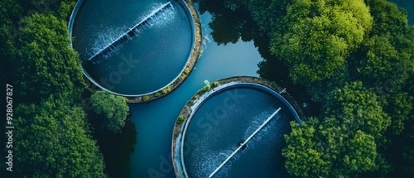 Fototapeta Aerial drone view of an intricate sewage and wastewater management infrastructure system showcasing the complex network of pipes tanks