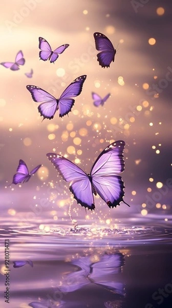 Fototapeta Purple butterflies flying in water with golden light on a purple background, perfect for mobile wallpaper.
