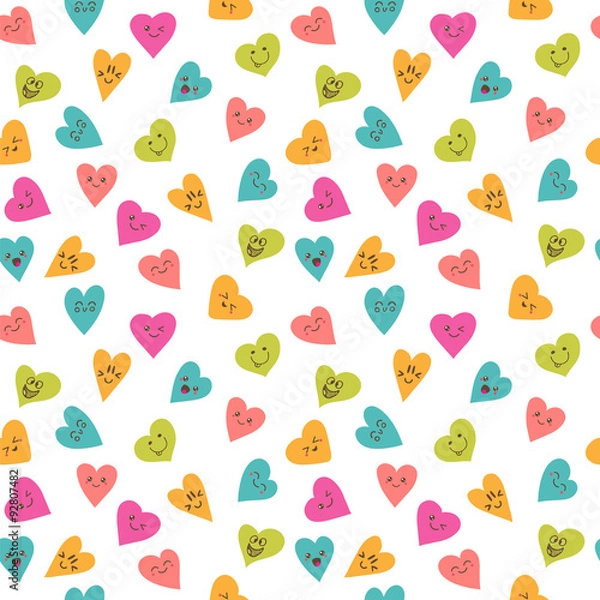 Obraz Seamless pattern with funny smiley hearts. Cute cartoon characte
