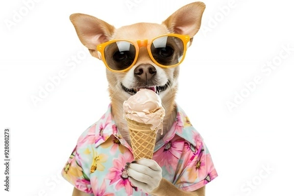 Obraz A cute chihuahua dog wearing sunglasses and a Hawaiian shirt enjoys an ice cream cone.