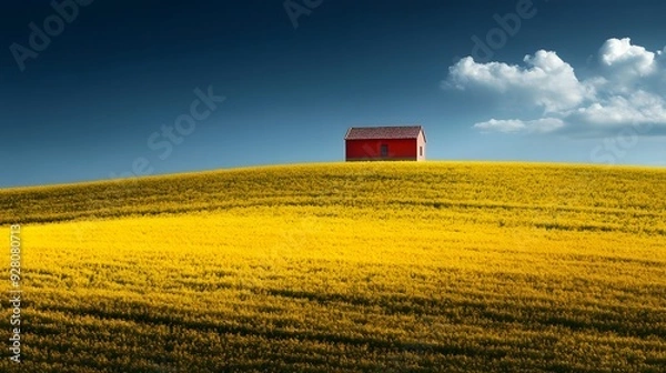 Fototapeta Bright Red and Yellow Fields with a Small House on a Hill