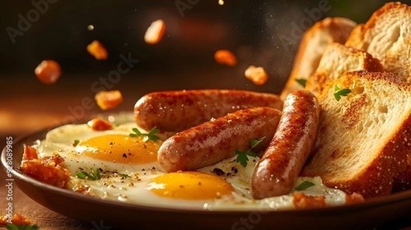 Obraz Floating Breakfast Sausages Eggs and Toast Suspended Midair with Warm Inviting Glow