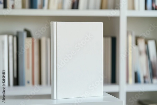 Fototapeta White Hardcover Book Mockup on a Shelf with Blurred Books in the Background.