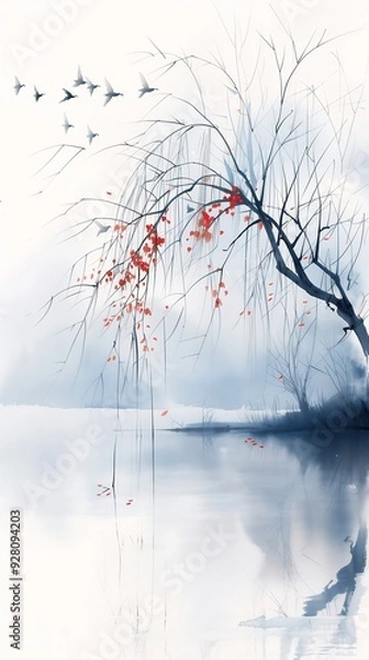 Fototapeta tree red leaves birds flying white fog sorrow deep reflection icy cold pale silent atmosphere color avatar blossoms calm ambient dissolving