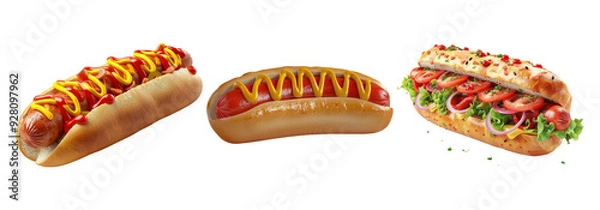 Fototapeta Hot dogs set isolated on transparent background with various toppings and condiments