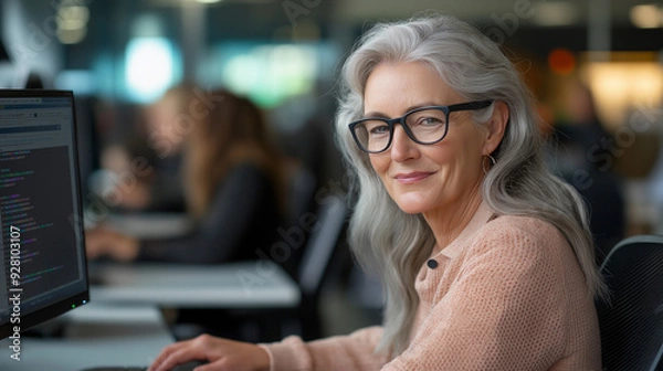 Fototapeta Middle-aged woman working in a modern office looks confident and focused while working on a computer.