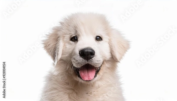 Fototapeta 笑顔のグレート・ピレニーズの子犬のポートレート（Portrait of a smiling Great Pyrenees puppy on white background）
