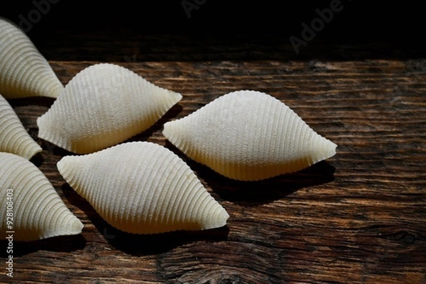 Fototapeta Italian raw conchiglioni on the background of a rustic tree 