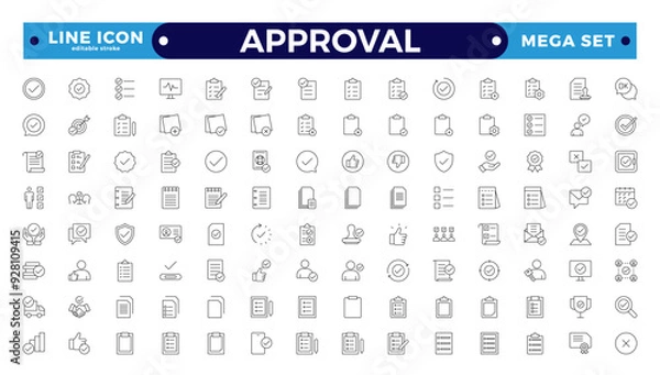 Fototapeta Approval Outline icons set. Check mark, certified, validation, agreement, thumps up, settings, shield icons, and more signs. Flat icon collection. Editable stroke outline icon. 