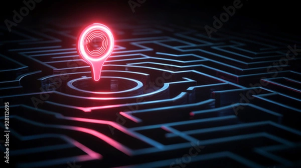 Fototapeta A glowing map marker stands out in a digital maze, representing navigation and location technology in a modern setting.