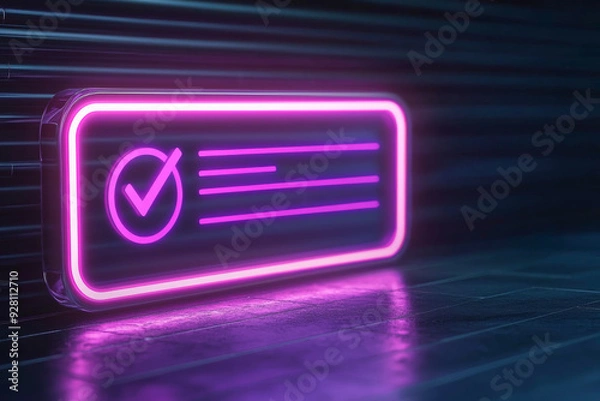 Obraz A glowing neon checkmark sign against a dark background, symbolizing approval and positivity in modern digital design.