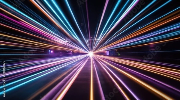 Fototapeta Beams light multiple projectors creating a light show in the night sky