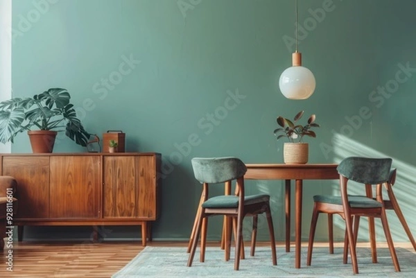 Obraz Scandinavian Mid-Century Home Interior - Mint Chairs, Round Dining Table, Sofa, Cabinet Near Green Wall in Modern Living Room.