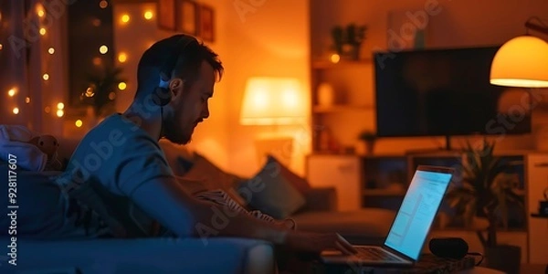 Fototapeta A parent working late at night on a laptop, with a baby monitor next to them and the living room lights dimmed and blurred. 