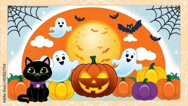 Fototapeta Playful Halloween scene with pumpkins, ghosts, and a black cat.