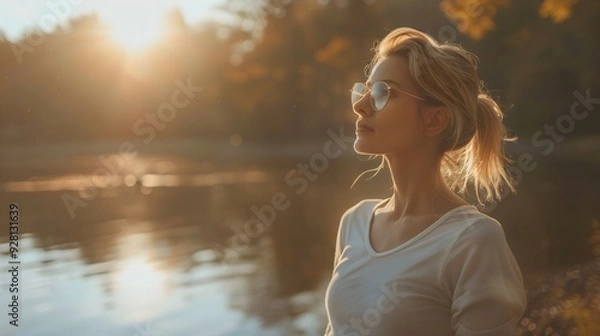 Fototapeta A serene moment by the water, with a woman enjoying the tranquil surroundings as the sun sets, casting a warm glow over the landscape and reflecting on the calm surface of the lake.

