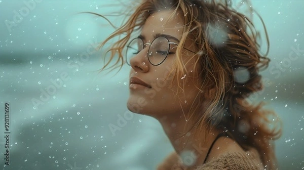 Fototapeta A Serene Portrait of a Young Woman in Glasses, Eyes Closed, with Windswept Hair and Gentle Raindrops Against a Softly Blurred Background, Capturing a Moment of Tranquility and Reflection


