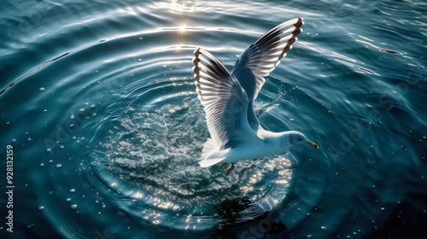 Fototapeta Seagull Taking Flight from the Ocean Surface, Creating Ripples in the Water Underneath in a Sunlit Scene, with Glowing Highlights on the Bird’s Wings and Sparkling Reflections on the Blue Water

