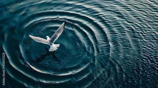 Fototapeta A Majestic Bird Gliding Above Rippling Water, Capturing a Moment of Grace and Tranquility as It Creates Concentric Circles in the Calm, Reflective Surface Below

