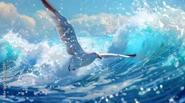 Fototapeta Dynamic Flight Over Crashing Waves - A Breathtaking Scene of a Gull Soaring Through the Air Above Powerful Ocean Waves

