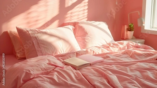 Fototapeta Inviting and Serene Bedroom Oasis with Soft Pink Accents, Plush Bedding, and Gentle Natural Light Filtering Through Sheer Curtains






