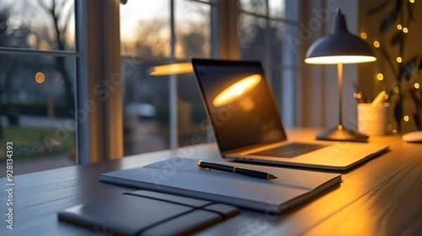 Fototapeta A Cozy Workspace with a Laptop, Notebook, and Pen on a Wooden Desk by a Window with Warm Evening Light